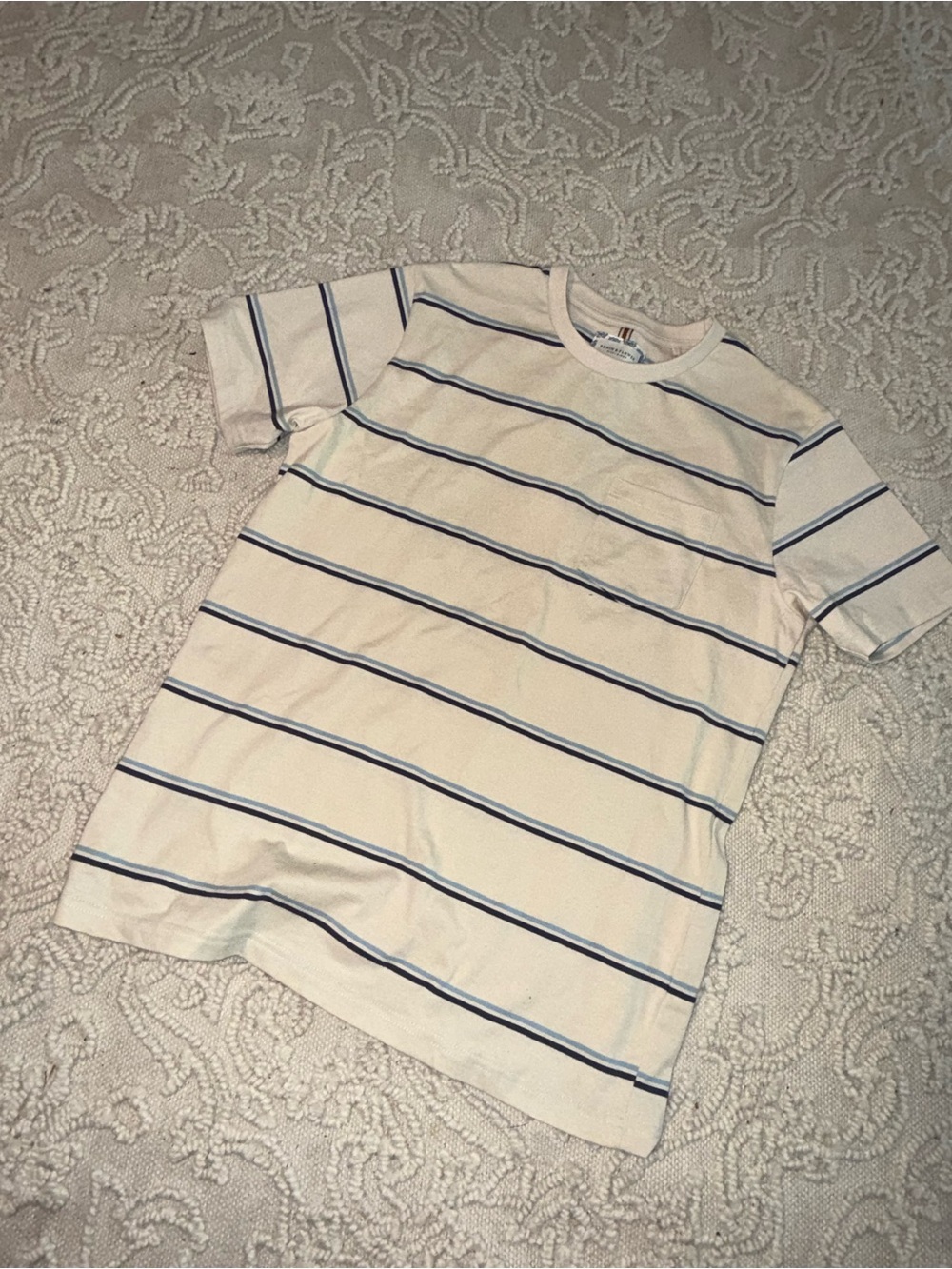 Denim & Flower Cream Tee with Navy Stripe and Chest Pocket